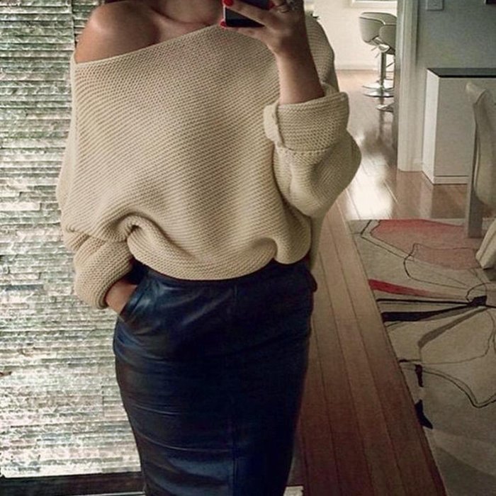 FAPIZI &hearts; Women Sweater &hearts; Womens Off Shoulder Chunky Knit Knitted Oversize Baggy Sweater Jumper Top (XL, Beige) N24