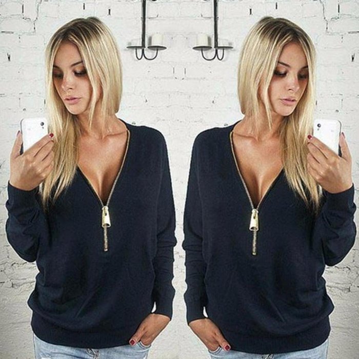 AIMTOPPY Womens Deep V-Neck T-shirt Zipper Loose Pullover Sweatshirt Blouse Long Sleeve Tops (L, Black) N2