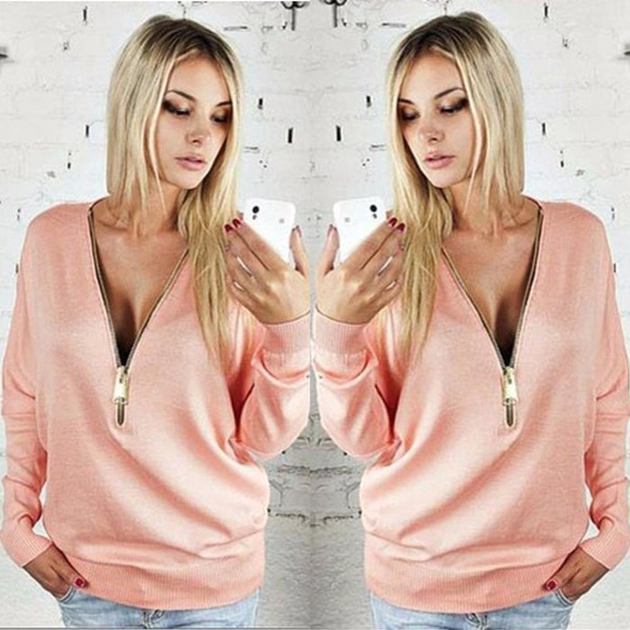 AIMTOPPY Womens Deep V-Neck T-shirt Zipper Loose Pullover Sweatshirt Blouse Long Sleeve Tops (L, Black) N7
