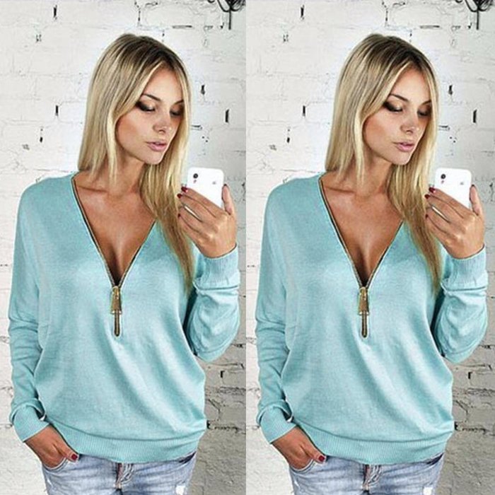 AIMTOPPY Womens Deep V-Neck T-shirt Zipper Loose Pullover Sweatshirt Blouse Long Sleeve Tops (L, Black) N10