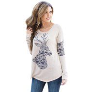 AIMTOPPY Womens Loose Elk Deer Printing Splice Long Sleeve Tops Pullover Shirt (M, Khaki)