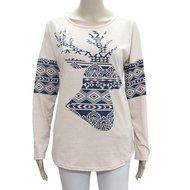 AIMTOPPY Womens Loose Elk Deer Printing Splice Long Sleeve Tops Pullover Shirt (M, Khaki) N4