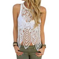 AIMTOPPY Fashion Women Lace Crochet Vest Tank Top Casual Sleeveless Blouse (L, White)