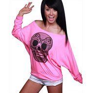 AIMTOPPY Women Loose Skull Printing Word Shoulder Long Sleeve T-shirt Tops Blouse (XL, Pink)