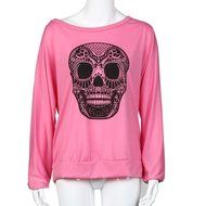 AIMTOPPY Women Loose Skull Printing Word Shoulder Long Sleeve T-shirt Tops Blouse (XL, Pink) N3