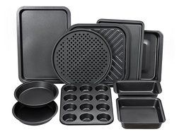Perlli 10-Piece Non-Stick Bakeware Set, Oven Crisper, Pizza Tray, Roasting, Loaf, Muffin, Square, 2 Round Cake...