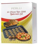 Perlli 10-Piece Non-Stick Bakeware Set, Oven Crisper, Pizza Tray, Roasting, Loaf, Muffin, Square, 2 Round Cake... N2