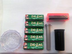 9 Piece Kit- Rolling Machine, Grinder, 5 packs Zig Zag Green Rolling Paper, Pop top, Doob Tube
