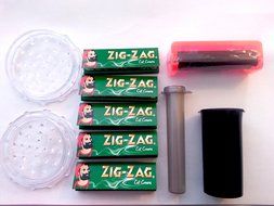 9 Piece Kit- Rolling Machine, Grinder, 5 packs Zig Zag Green Rolling Paper, Pop top, Doob Tube N2