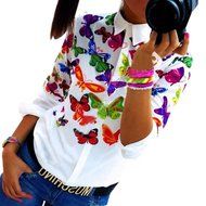 AIMTOPPYWomen Butterfly Chiffon Tops Long Sleeve Shirt Casual Blouse (M, Multicolor)