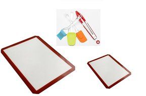 Non Stick 2 Silicone Baking Mats One Toaster Oven Size, One Half Sheet size with 4 Silicone Kitchen Tools
