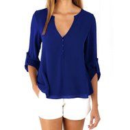 AIMTOPPY Fashion Womens Loose Long Sleeve Chiffon Casual Blouse Shirt Tops (XXXL, Blue)