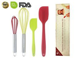 SET OF 4 Professional Quality Silicone Whisks , Spatulas For Cooking .Bright Red and Green Colors. Stainless Steel...