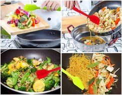 SET OF 4 Professional Quality Silicone Whisks , Spatulas For Cooking .Bright Red and Green Colors. Stainless Steel... N5