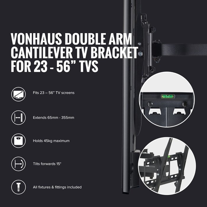 VonHaus Double Arm Articulating Cantilever TV Bracket Wall Mount with Tilt- for 23"-56" LCD LED Plasma Flat Panels... N7