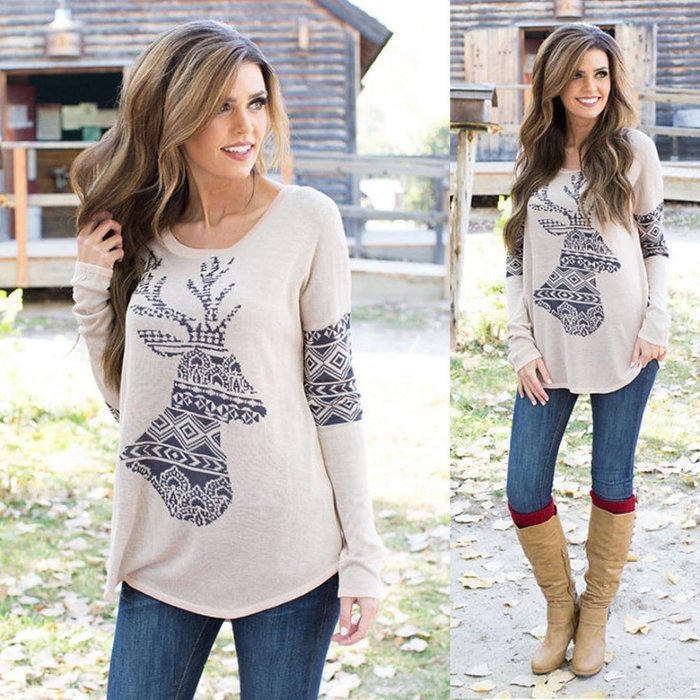 AIMTOPPY Womens Loose Elk Deer Printing Splice Long Sleeve Tops Pullover Shirt (M, Khaki) N2