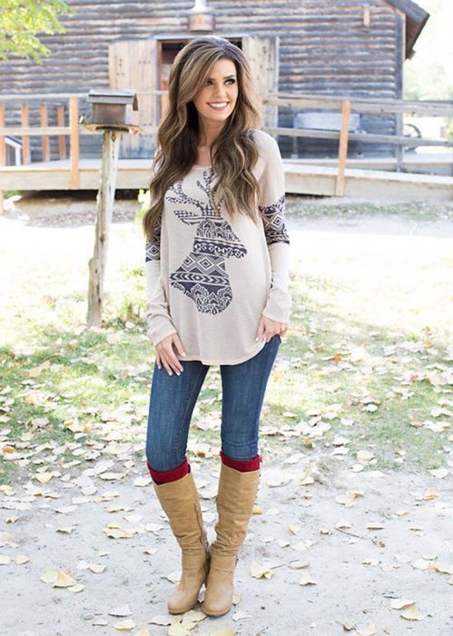 AIMTOPPY Womens Loose Elk Deer Printing Splice Long Sleeve Tops Pullover Shirt (M, Khaki) N3