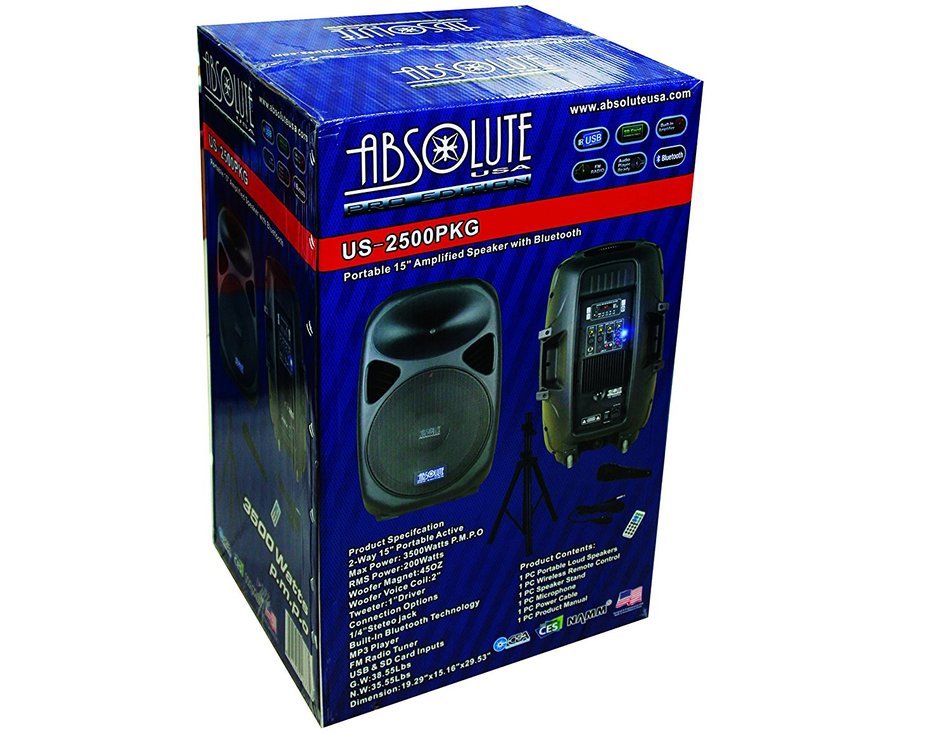 Absolute USA US2500 2-Way 15" 3500W Speaker Built-In Bluetooth with Wire Microphone & Speaker Stand N2