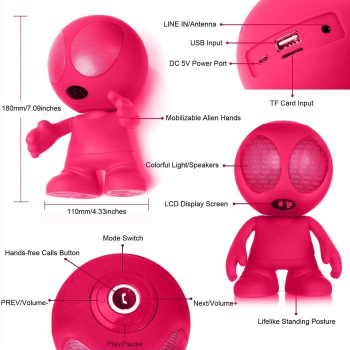 Freye Cute Alien Shape Portable Bluetooth Speaker with Stereo and Clear Bass, Support Line-in, USB, TF Card Input... N3