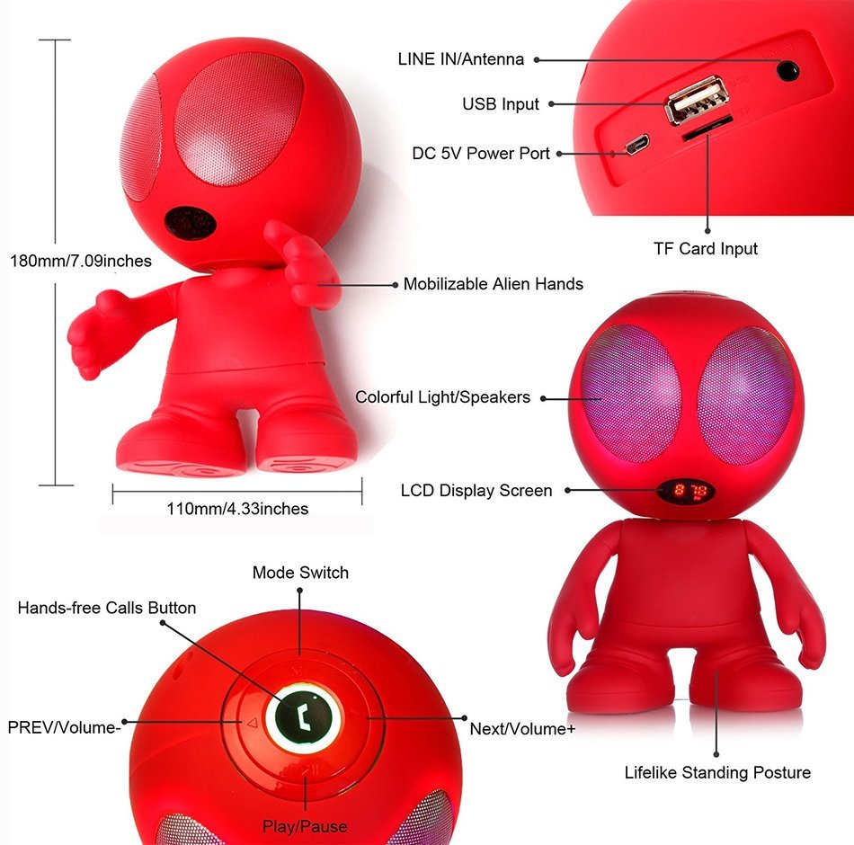 Freye Cute Alien Shape Portable Bluetooth Speaker with Stereo and Clear Bass, Support Line-in, USB, TF Card Input... N11