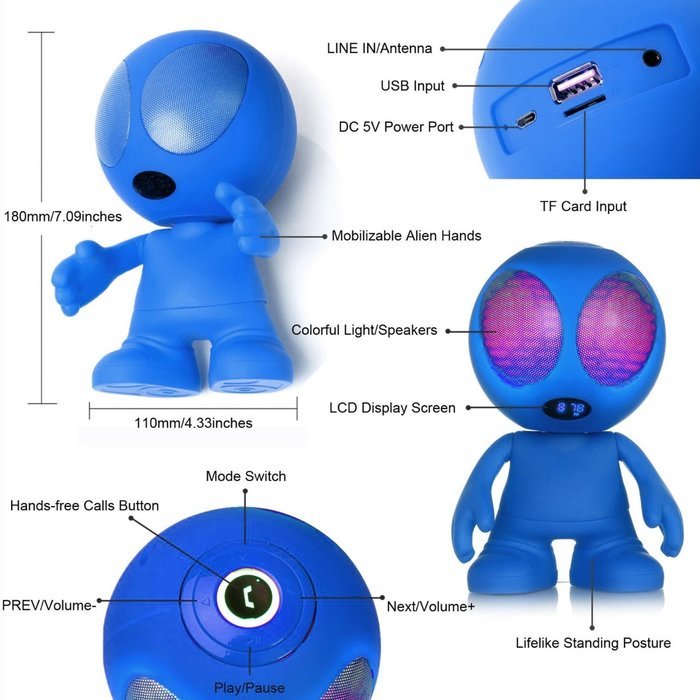 Freye Cute Alien Shape Portable Bluetooth Speaker with Stereo and Clear Bass, Support Line-in, USB, TF Card Input... N14