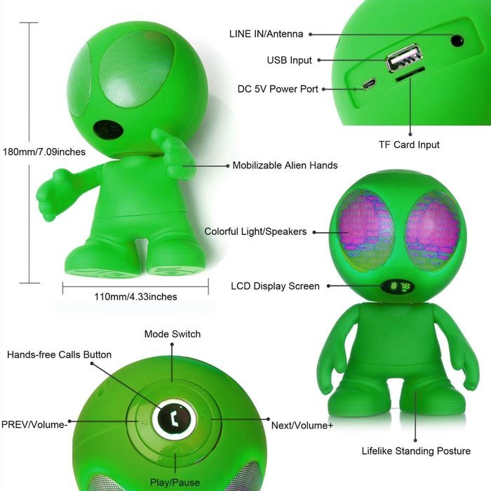 Freye Cute Alien Shape Portable Bluetooth Speaker with Stereo and Clear Bass, Support Line-in, USB, TF Card Input... N18