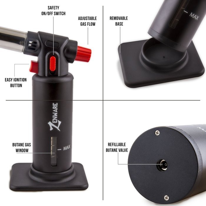 Zenware Refillable Butane Professional Culinary Torch Lighter for Cooking Welding Brazing Soldering - Black N4