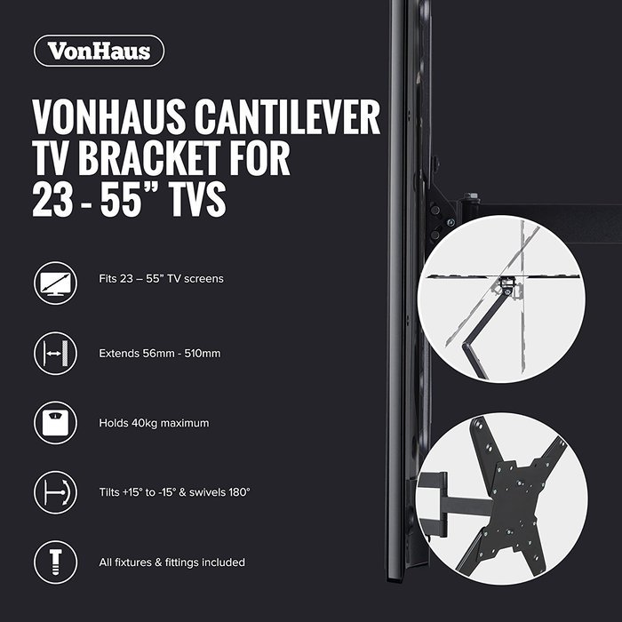 VonHaus Ultra Slim Cantilever Articulating Arm Swivel and Tilt Wall Mount TV Bracket for 26-55 Inch For LCD, LED... N7