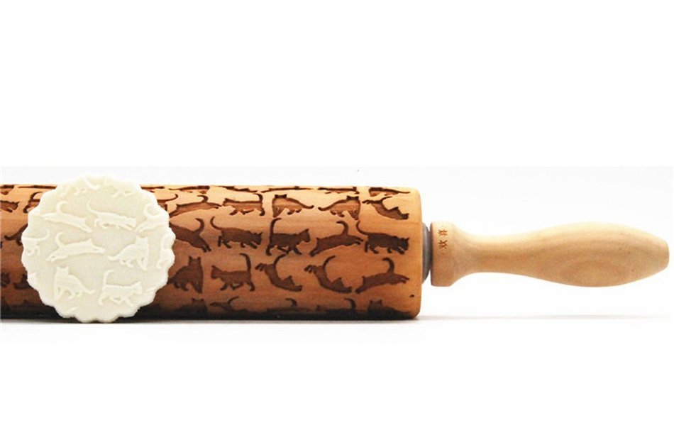 Wooden Laser Engraved Rolling Pin with Cats Pattern for Embossed Cookies N3