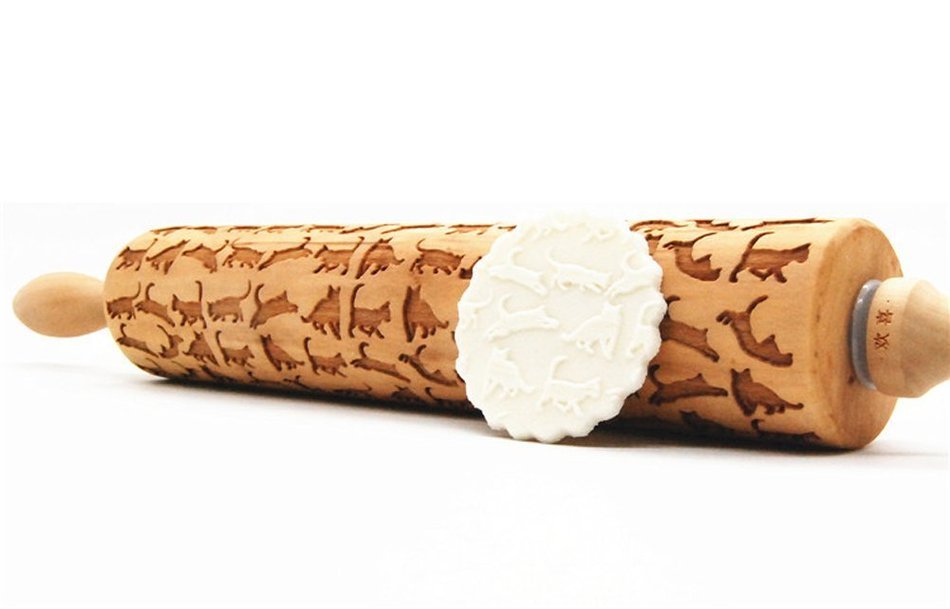 Wooden Laser Engraved Rolling Pin with Cats Pattern for Embossed Cookies N4