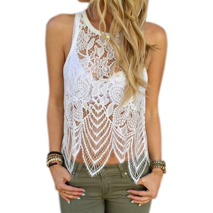 AIMTOPPY Fashion Women Lace Crochet Vest Tank Top Casual Sleeveless Blouse (L, White)