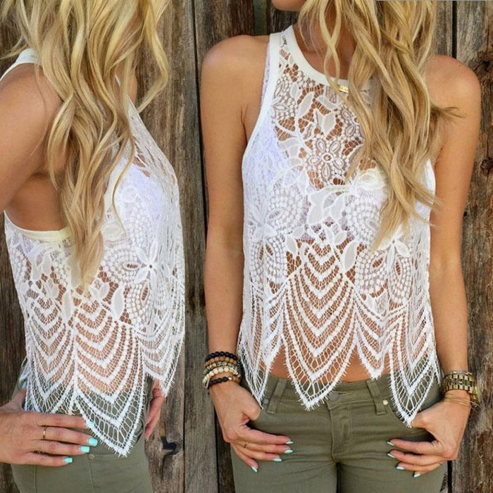 AIMTOPPY Fashion Women Lace Crochet Vest Tank Top Casual Sleeveless Blouse (L, White) N5