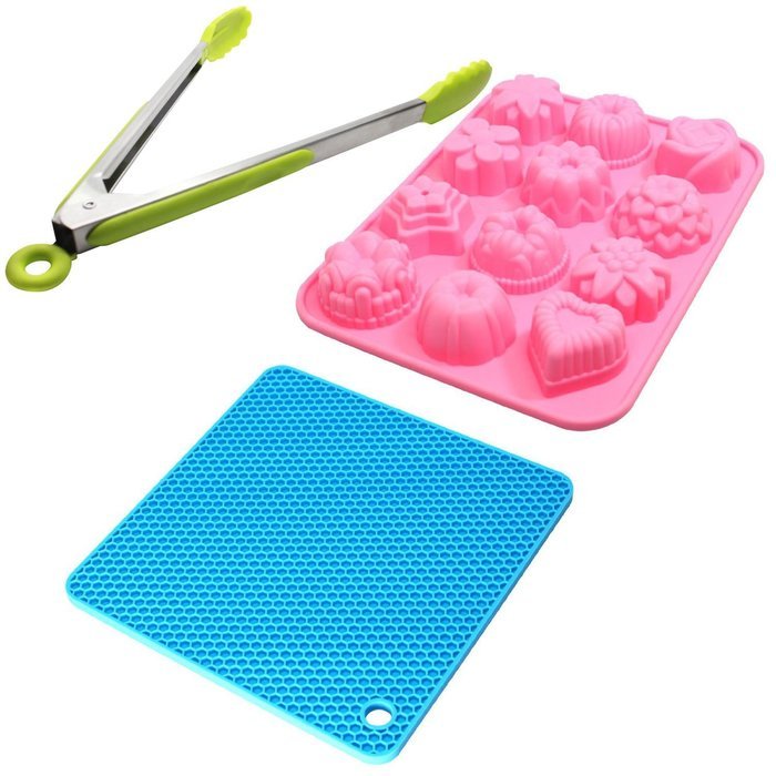 Silicone Bakeware Set - Silicone Cake Mold, Silicone Heat Resistant Mat & Silicone Kitchen Tongs - 12 Cavity Bakeware...