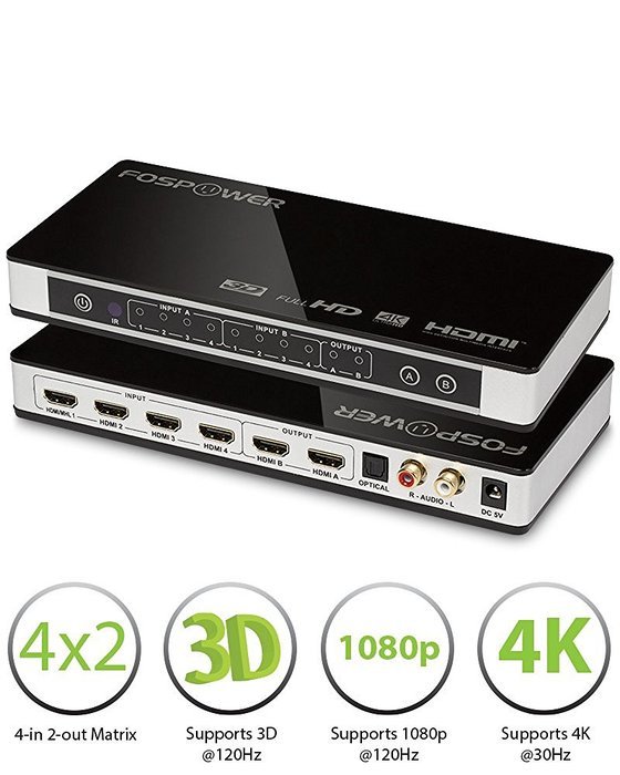 4 x 2 HDMI Matrix Switch [Ultra HD 4K x 2K], FosPower 4 In 2 Out Switcher / Splitter with Optical & L/R Audio... N7