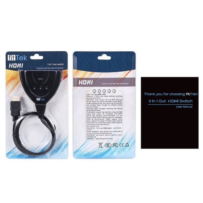 fitTek&reg;Hdmi Switch Splitter 3 In 1 out Port Cable with Pigtail Supports 3D, 1080P, HD Audio N2