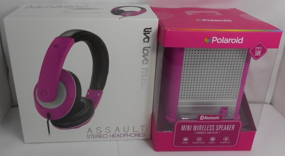 Assault Stereo Headphones (Pink/Black), Polaroid Mini Wireless Bluetooth Speaker (Pink) Bundle