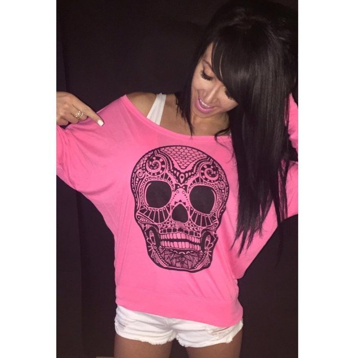 AIMTOPPY Women Loose Skull Printing Word Shoulder Long Sleeve T-shirt Tops Blouse (XL, Pink) N2