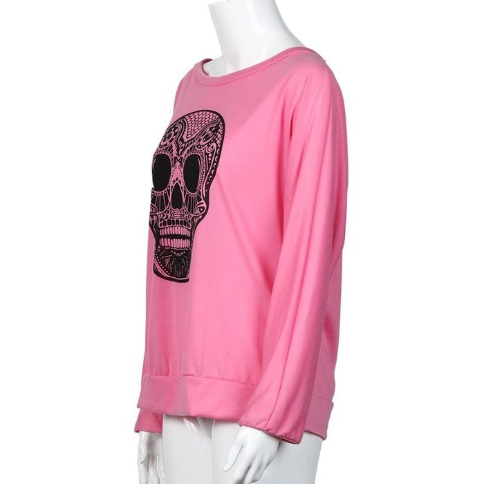 AIMTOPPY Women Loose Skull Printing Word Shoulder Long Sleeve T-shirt Tops Blouse (XL, Pink) N4