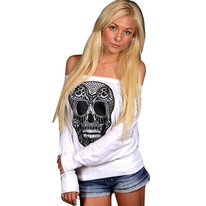 AIMTOPPY Women Loose Skull Printing Word Shoulder Long Sleeve T-shirt Tops Blouse (XL, Pink) N6