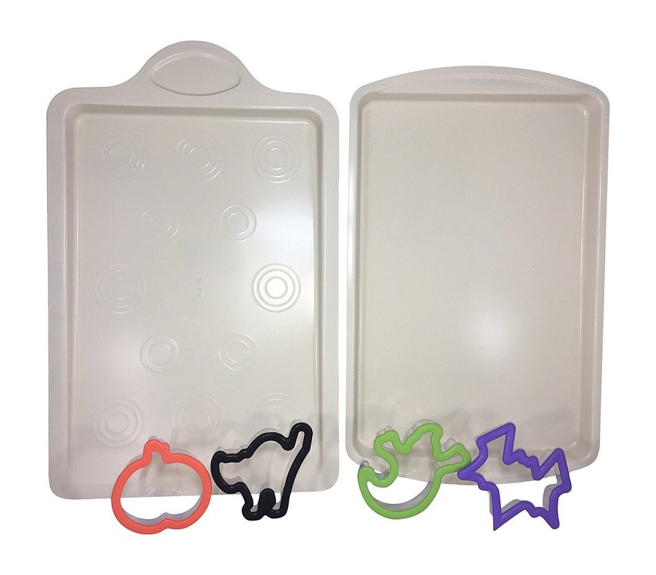 15" x 10" Cookie Slider / Sheet Pan + 15" x 11" Cookie Sheet + Ghost, Cat, Pumpkin, and Bat Cookie Cutters - Bundle