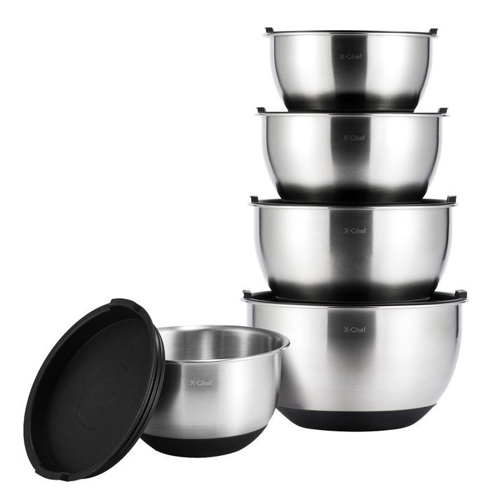 Mixing Bowls Set, X-Chef Professional Stainless Steel Mixing Bowls With Lids, Measurement Lines, Set of 5 Christmas...