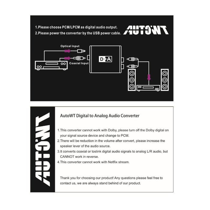 AutoWT Digital Coaxial Toslink Adapter with Optical Cable, 3.5mm Audio Cable and USB Power Cable N2