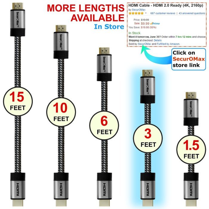 HDMI Cable 3ft - HDMI 2.0 (4K @ 60Hz) Ready - 28AWG Braided Cord - High Speed 18Gbps - Gold Plated Connectors... N2