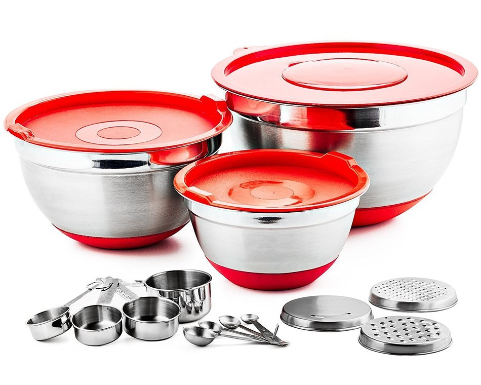 Chef's Star 17 Piece Stainless Steel Mixing Bowl Set with Anti-Slip Silicone Base - Includes 3 Stainless Steel...