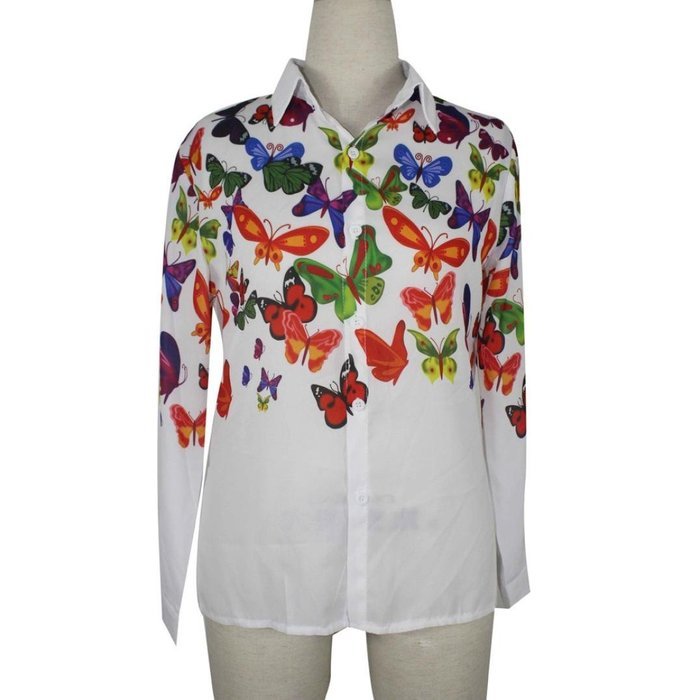 AIMTOPPYWomen Butterfly Chiffon Tops Long Sleeve Shirt Casual Blouse (M, Multicolor) N2