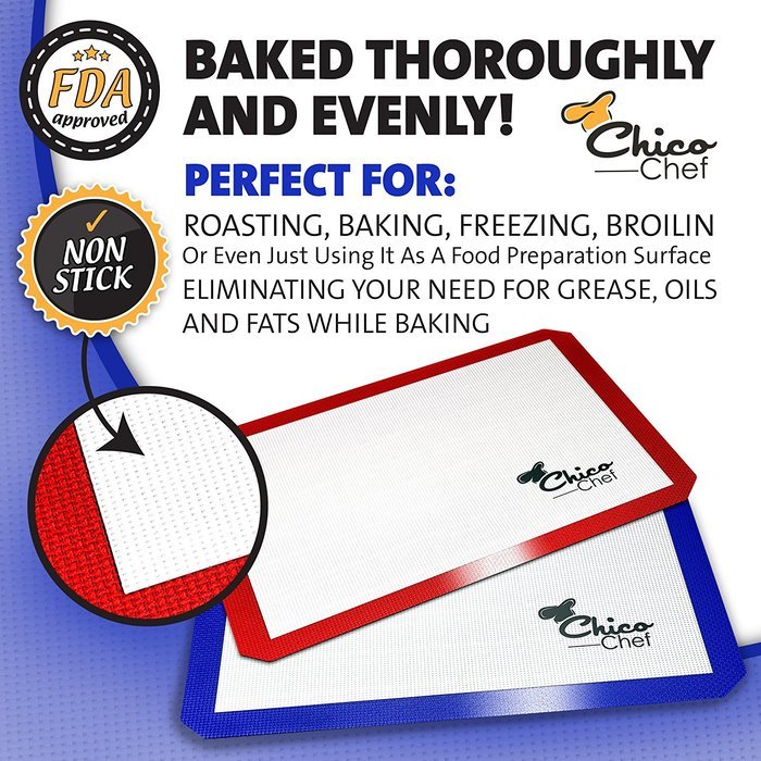 Silicone Baking Mat 2-Pk - Fits Half Sheets - Blue, Red colors - Bonus Cookbook, Lifetime Guarantee N3
