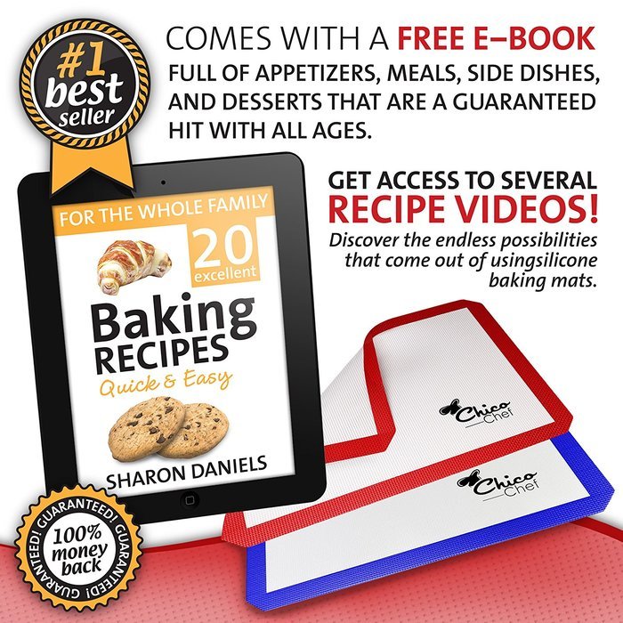 Silicone Baking Mat 2-Pk - Fits Half Sheets - Blue, Red colors - Bonus Cookbook, Lifetime Guarantee N4