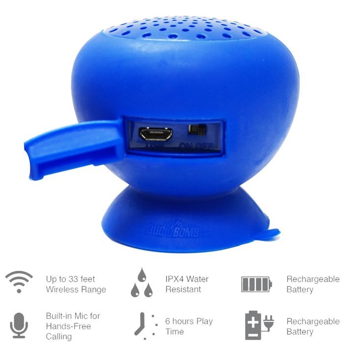AudioBomb 79767 Squish Water-Resistant Bluetooth Shower Speaker Rechargeable & Portable The Perfect Gift, Blue N2