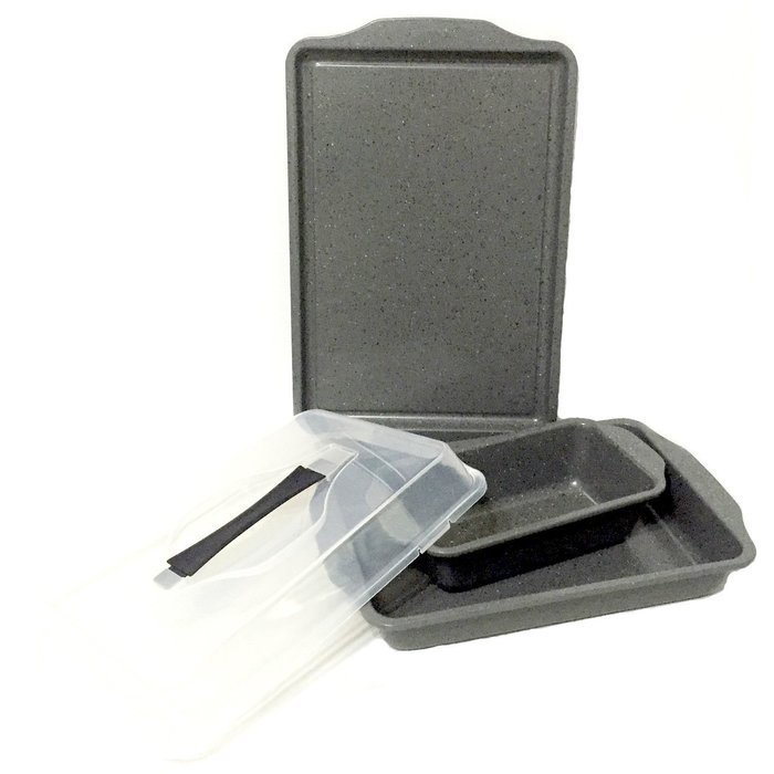 Silver Granite Rectangular Cake Pan 9" x 13" with Plastic Lid, Loaf Pan 12" x 6", 10" X 15" Cookie Sheet Set