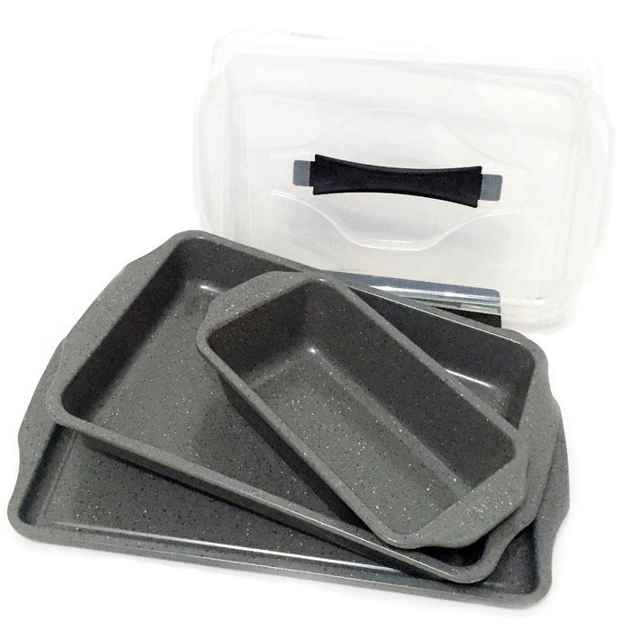 Silver Granite Rectangular Cake Pan 9" x 13" with Plastic Lid, Loaf Pan 12" x 6", 10" X 15" Cookie Sheet Set N2